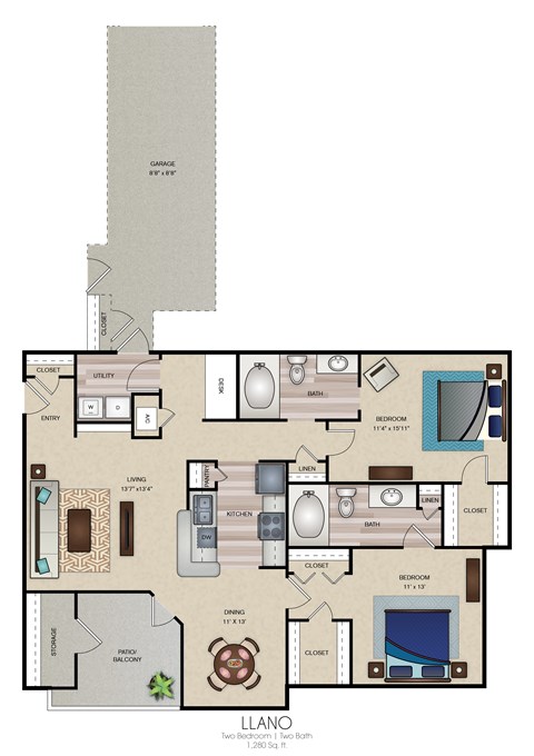 Floor plan for 2 beds, 2 baths, 1280 sqft